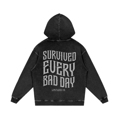 SURVIVED EVERY BAD DAY ACID WASH OVERSIZE HOODIE - BLACK
