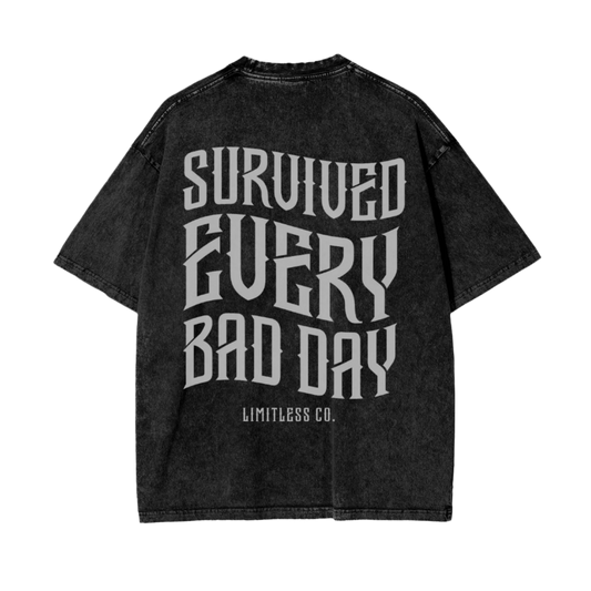 SURVIVED EVERY BAD DAY OVERSIZED SNOW WASHED T SHIRT - BLACK